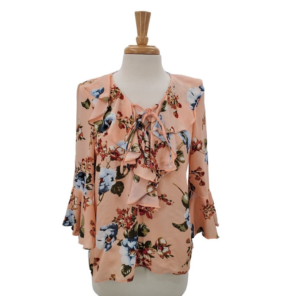 My Michelle Bell Sleeve Ruffle Blouse Size M Floral 3/4 Sleeve Peach Blue Career